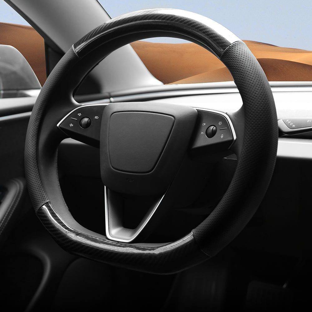 D - Shaped Carbon Pattern Leather Steering Wheel Cover for Tesla Model 3 Highland 2024+ - acetesla