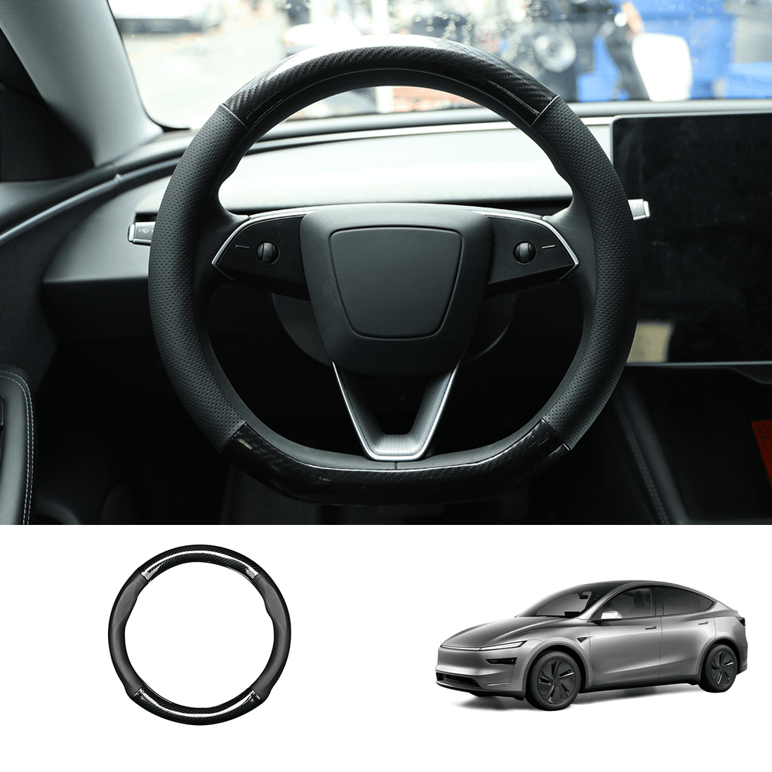 D - Shaped Carbon Pattern Leather Steering Wheel Cover for Tesla Model Y Juniper 2025+ - acetesla