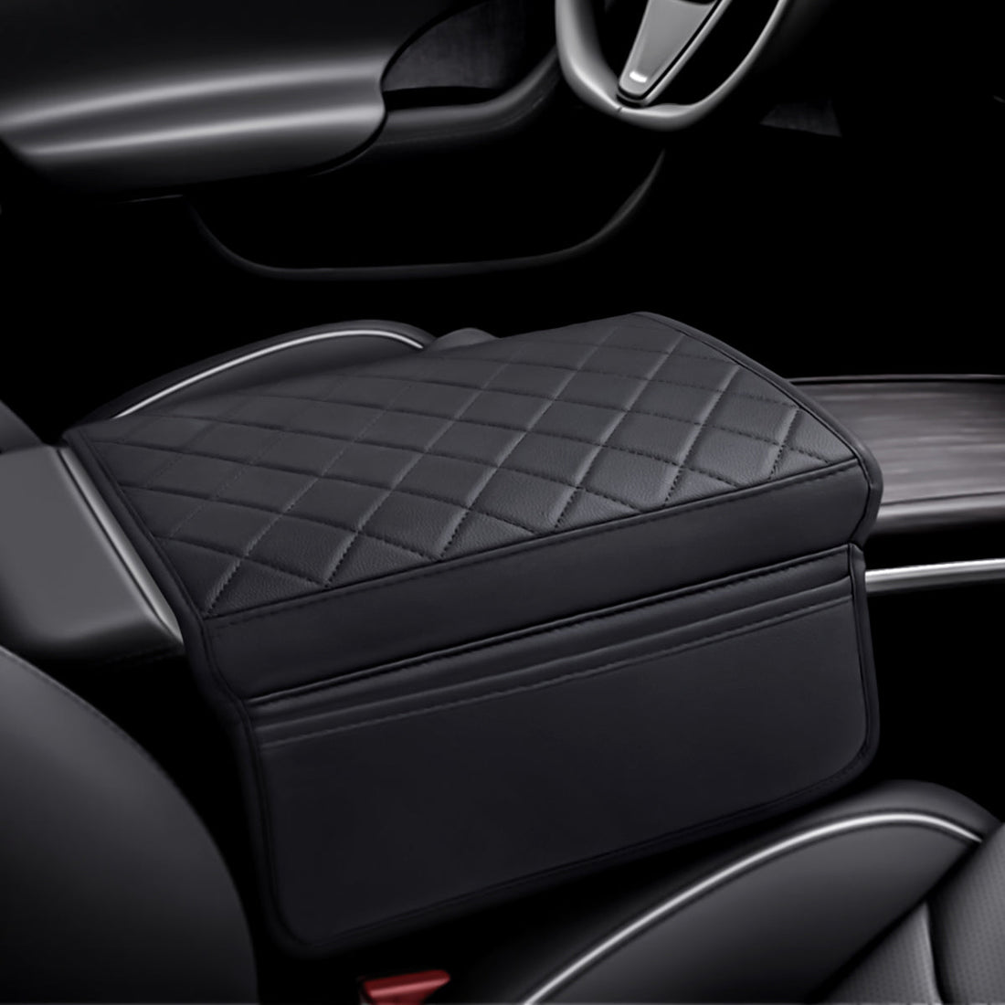 Diamond - Pattern Leather Center Armrest Cover with Pockets for Tesla Model S/X 2021+ - acetesla