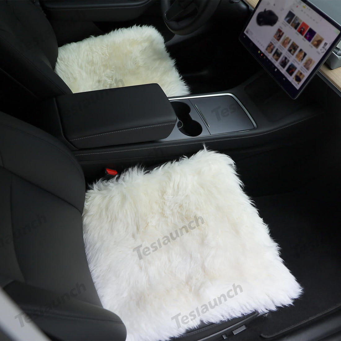 Faux Sheepskin Front Seat Covers Black/White For Tesla Model S/X/3/Y/Cybertruck - 2PCS - acetesla