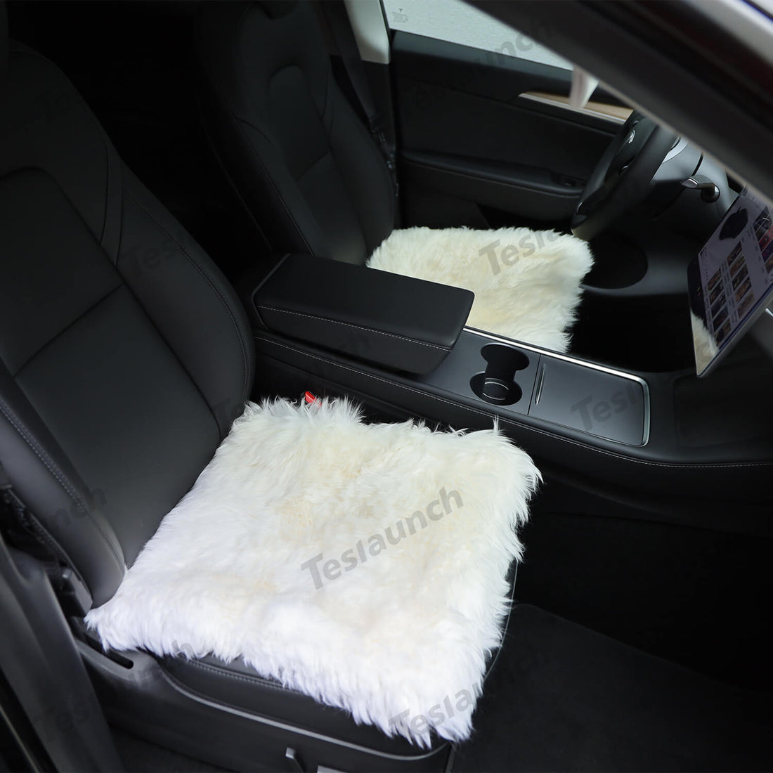 Faux Sheepskin Front Seat Covers Black/White For Tesla Model S/X/3/Y/Cybertruck - 2PCS - acetesla