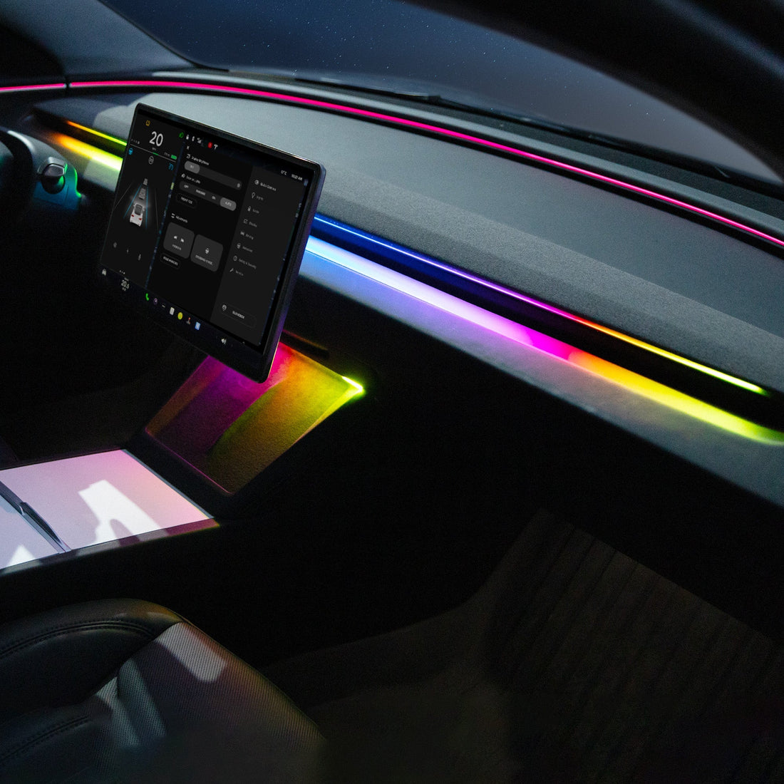 Interior LED Ambient Lights with App Control for Tesla 2024+ Model 3 Highland – Dashboard & Wireless Charging Frame - acetesla