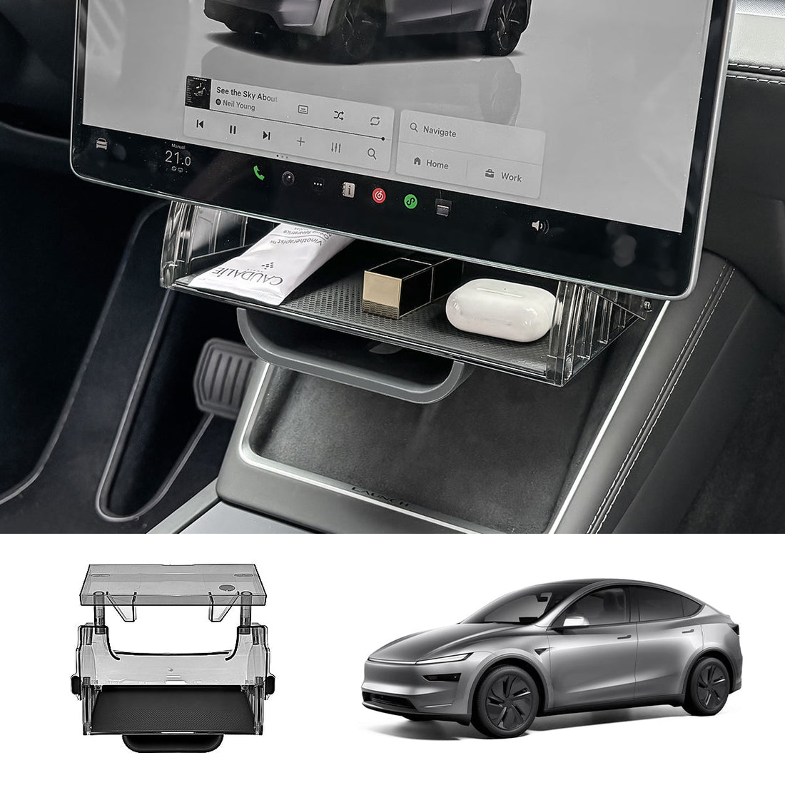 Under Central Control Screen Hidden Storage Box with Tray for Tesla Model Y Juniper 2025+ - acetesla